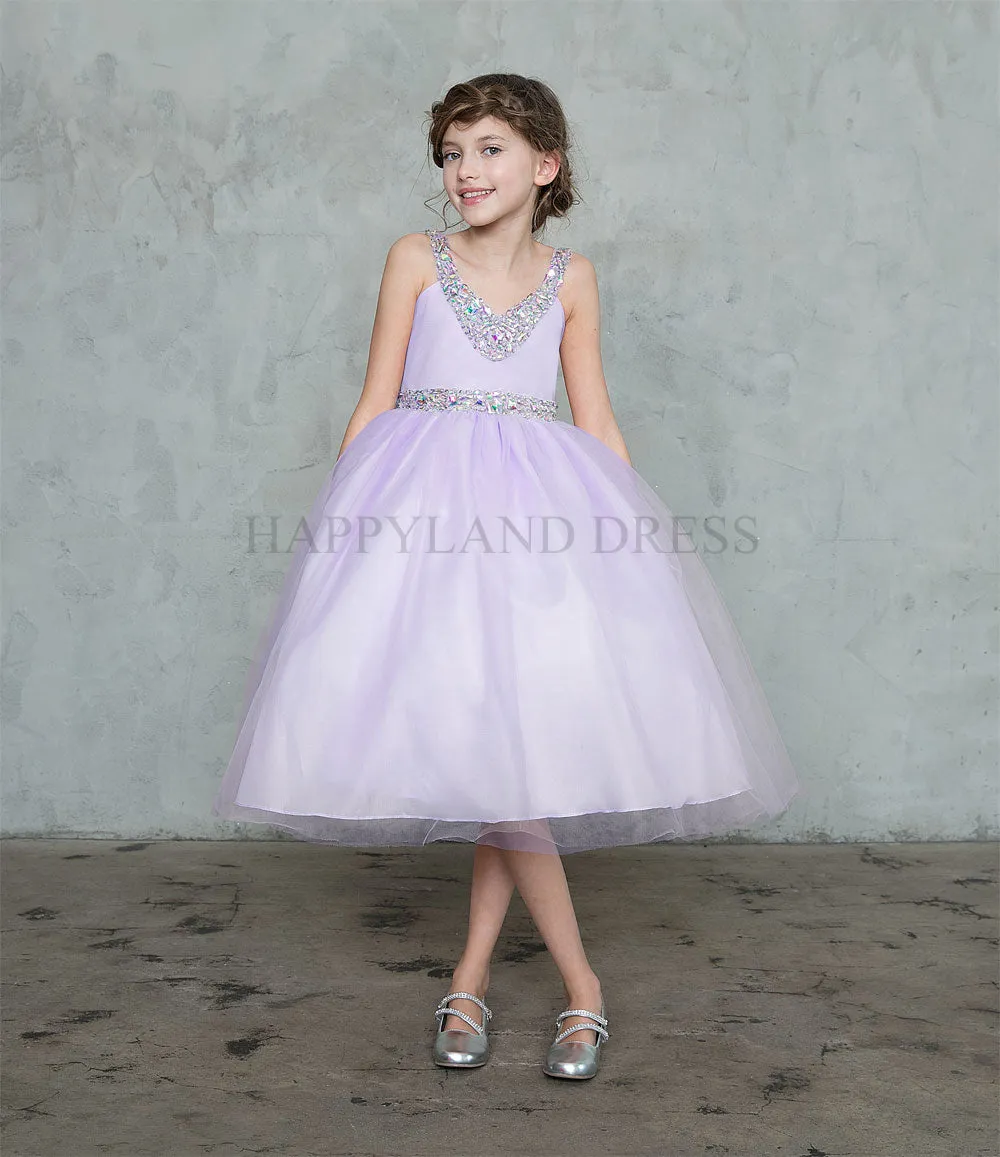 Champagne V-Neck Tulle Rhinestone Tea length Dress