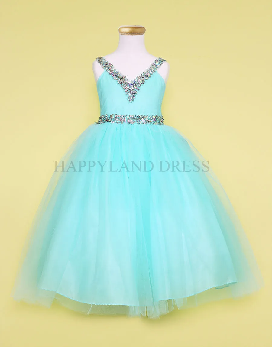 Champagne V-Neck Tulle Rhinestone Tea length Dress