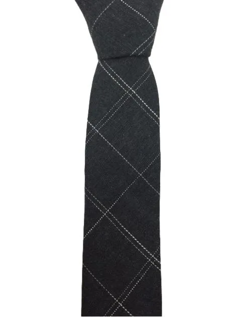 Charcoal Gray Cotton Skinny Tie with Argyle Pattern