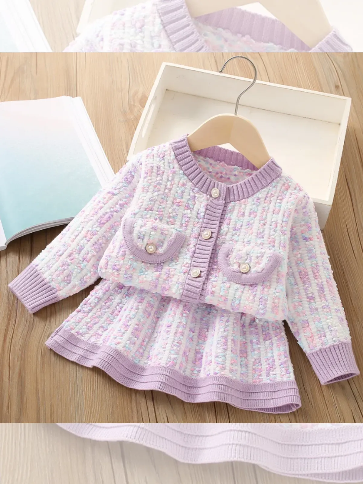 Charming Knit Pocket-Detail Girls' Jacket and Skirt Set