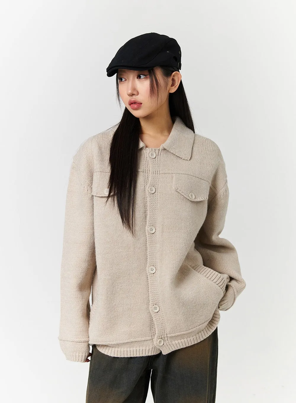 Collar Button Knit Unisex Cardigan CD328