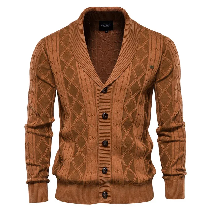 Cotton Argyle Cardigan Men Casual Single Breasted Solid Color Business Mens Cardigans New Winter Fashion Sweater Man