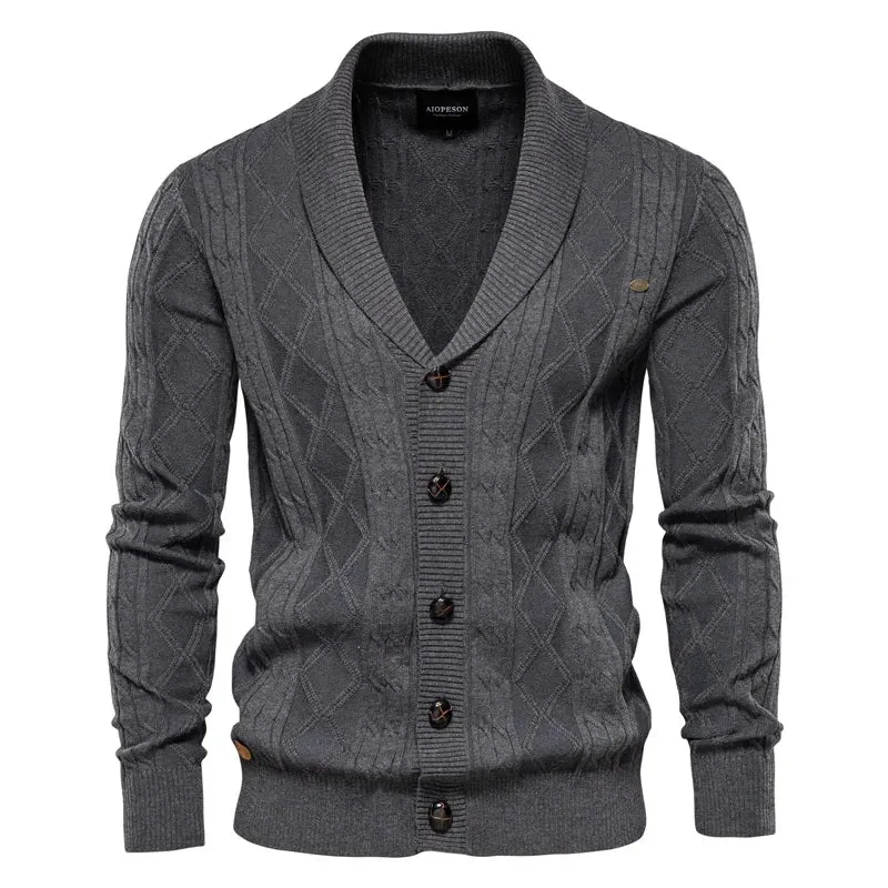 Cotton Argyle Cardigan Men Casual Single Breasted Solid Color Business Mens Cardigans New Winter Fashion Sweater Man