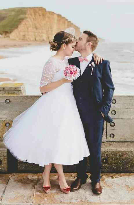 Country Style Rustic Polka Dot Tea Length Wedding Dress with 1/2 Sleeves,20110638