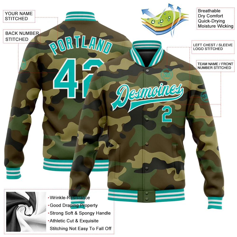 Custom Camo Aqua-White Bomber Full-Snap Varsity Letterman Salute To Service Jacket