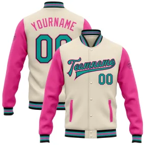 Custom Cream Aqua Black-Pink Bomber Full-Snap Varsity Letterman Two Tone Jacket