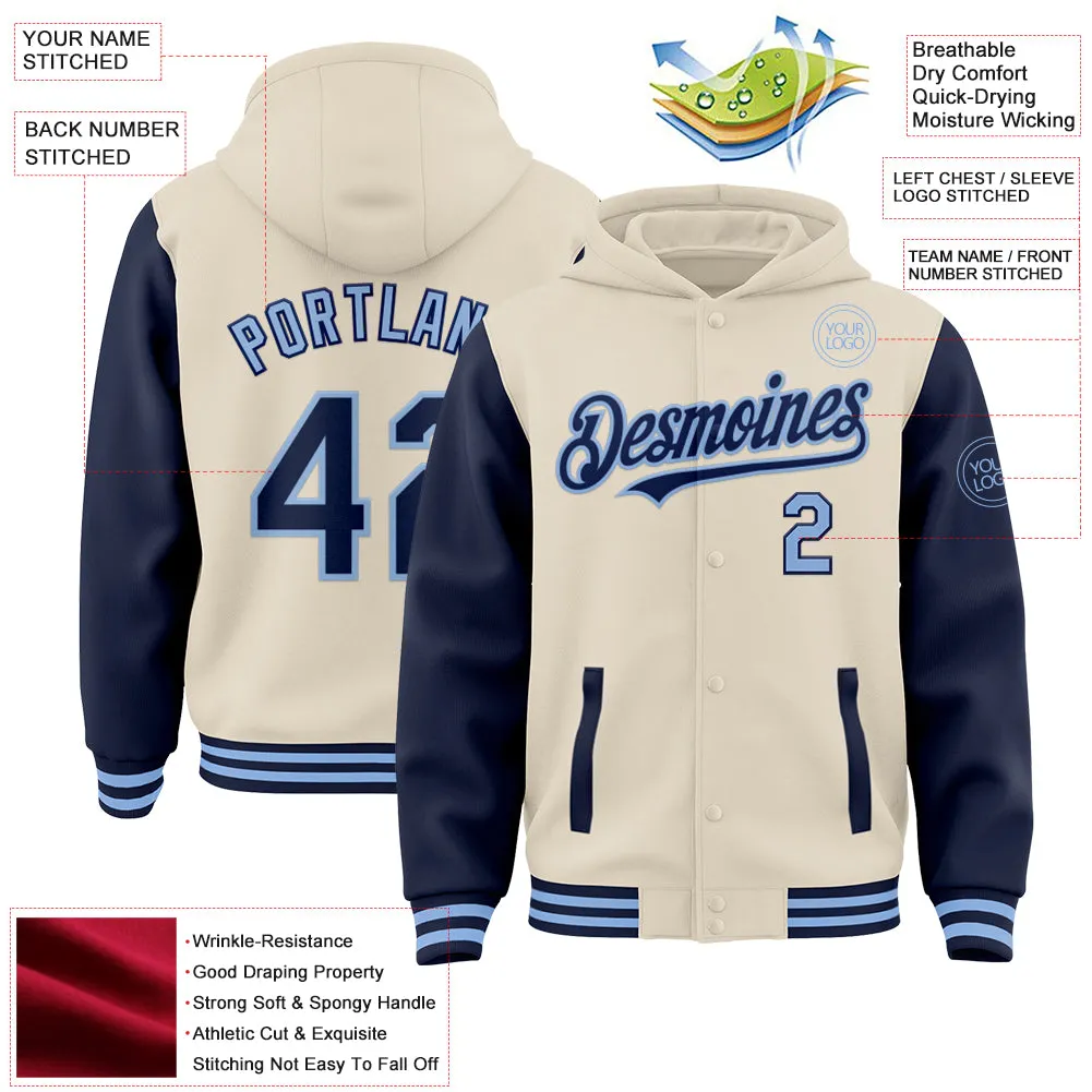 Custom Cream Navy-Light Blue Bomber Full-Snap Varsity Letterman Two Tone Hoodie Jacket