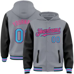 Custom Gray Sky Blue Black-Pink Bomber Full-Snap Varsity Letterman Two Tone Hoodie Jacket