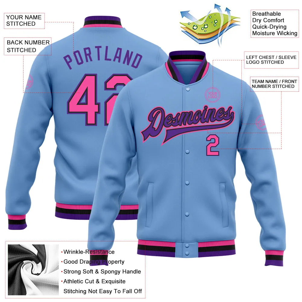 Custom Light Blue Pink Black-Purple Bomber Full-Snap Varsity Letterman Jacket