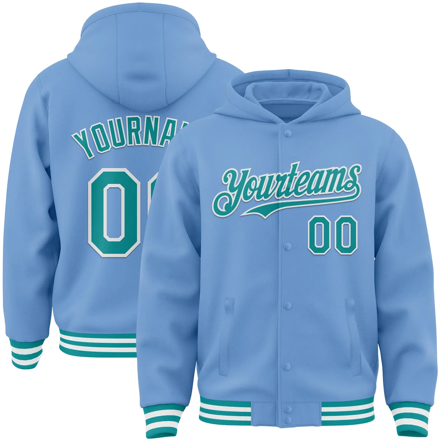 Custom Light Blue Teal-White Bomber Full-Snap Varsity Letterman Hoodie Jacket