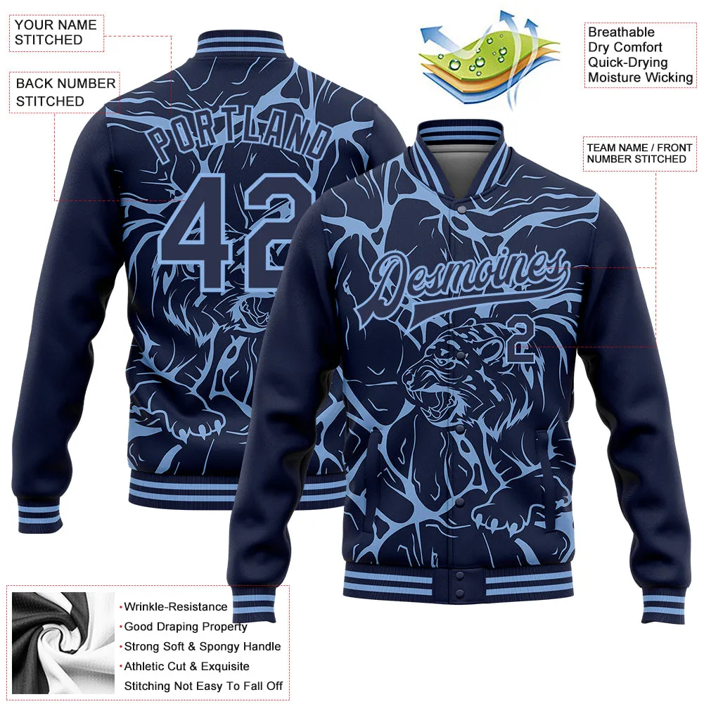 Custom Navy Light Blue Abstract Network And Tiger 3D Pattern Design Bomber Full-Snap Varsity Letterman Jacket