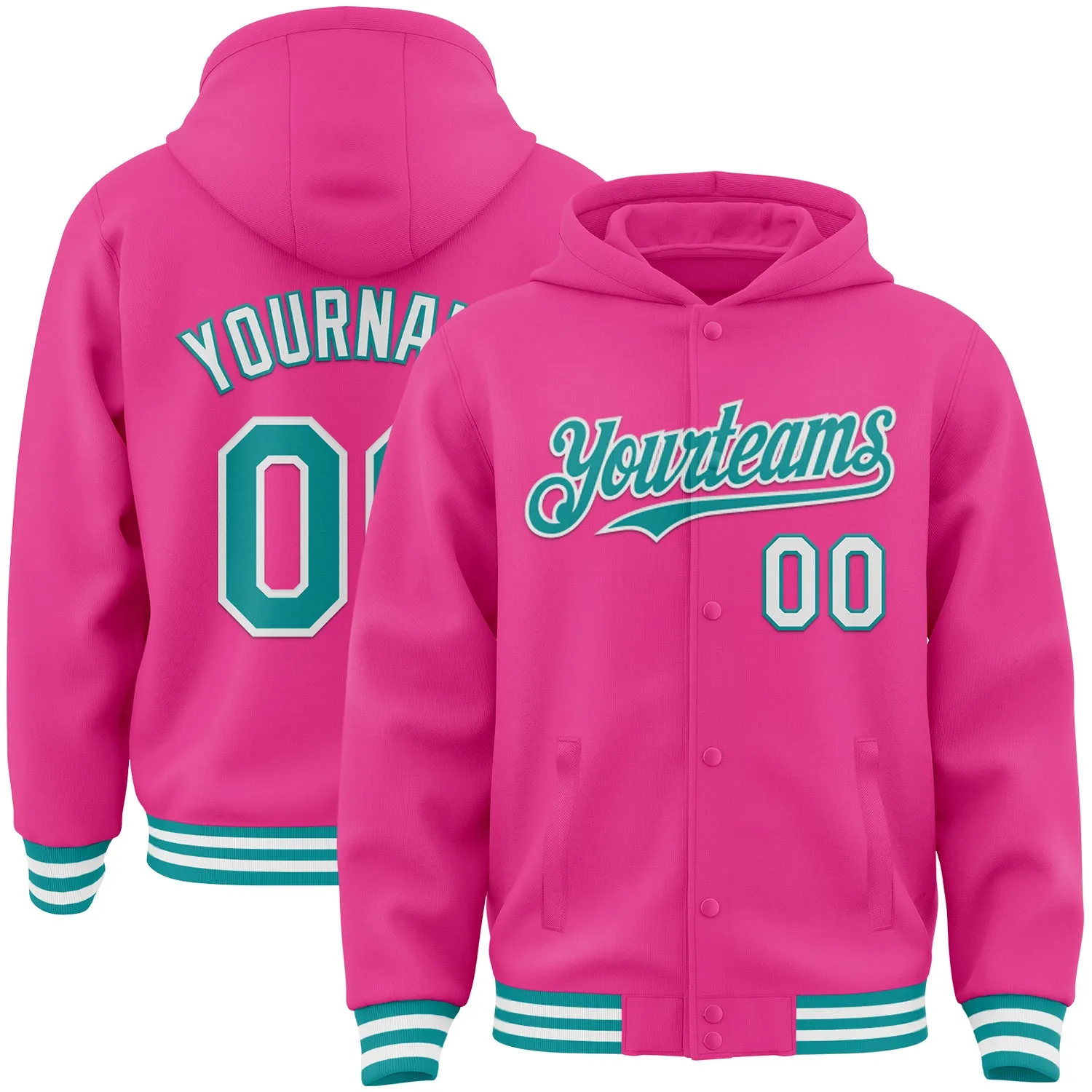 Custom Pink Teal-White Bomber Full-Snap Varsity Letterman Hoodie Jacket