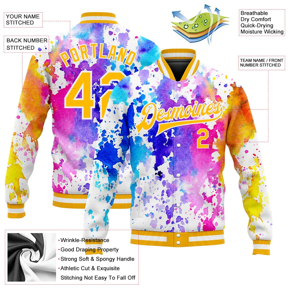 Custom Tie Dye Gold-White Rainbow 3D Bomber Full-Snap Varsity Letterman Jacket