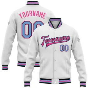 Custom White Light Blue Black-Pink Bomber Full-Snap Varsity Letterman Jacket