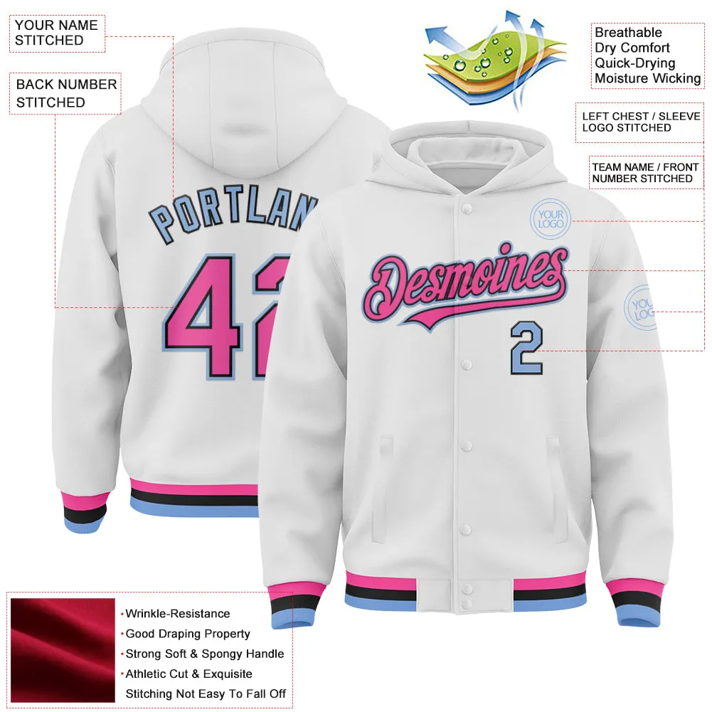 Custom White Pink Light Blue-Black Bomber Full-Snap Varsity Letterman Hoodie Jacket