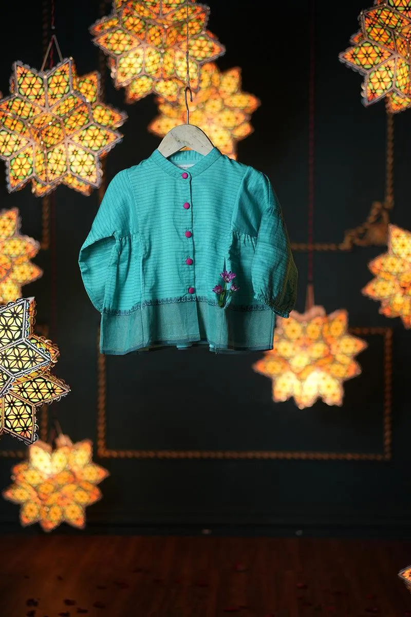 Dahlia girls ethnic kedia jacket/ top in teal handwoven cotton silk