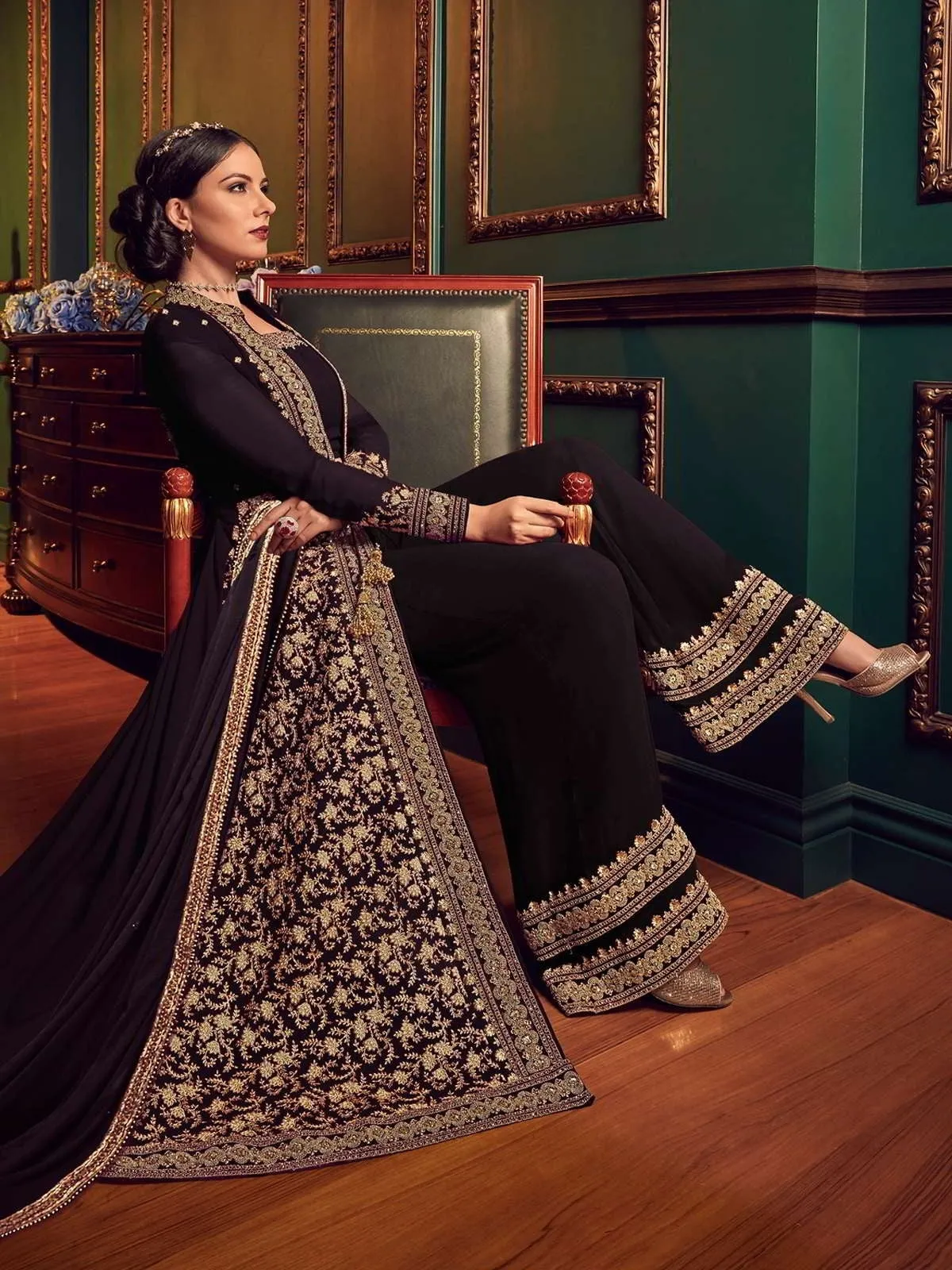 Dark Brown Ethnic Embroidered Jacket Style Palazzo Suit