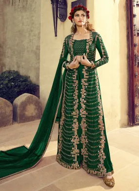 Dark Green Indo-Western Overcoat Style Palazzo Suit