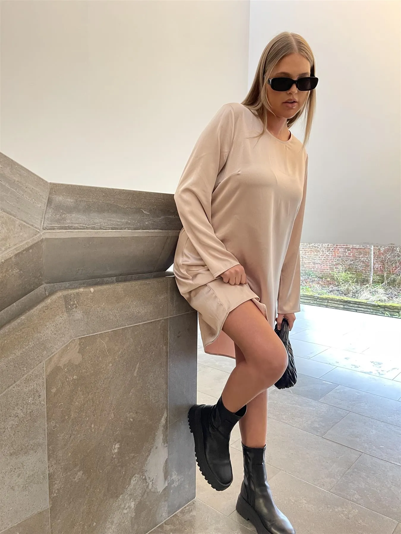 Dusty-Pink Crew-Neck Midi-Dress