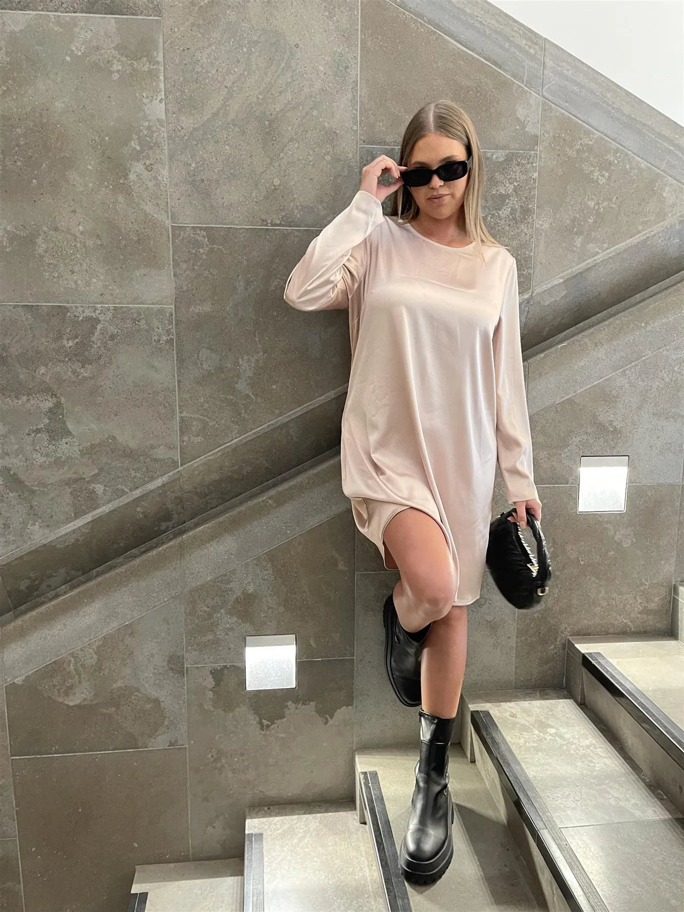 Dusty-Pink Crew-Neck Midi-Dress