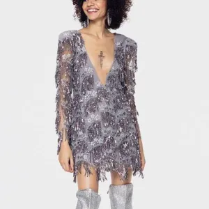 Etoile Sequin Fringe Dress Gris