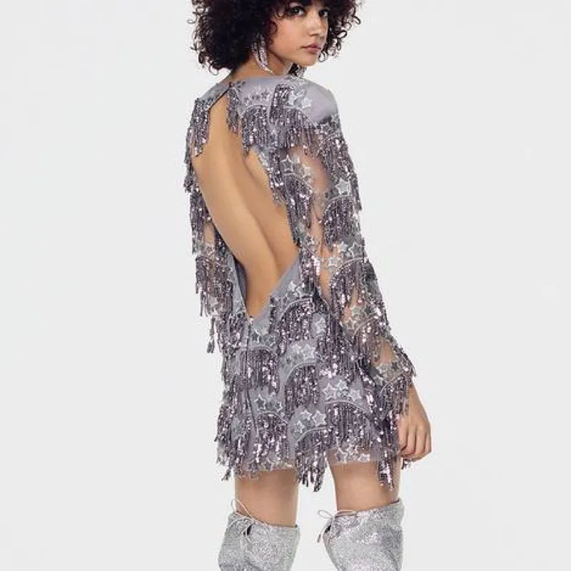 Etoile Sequin Fringe Dress Gris