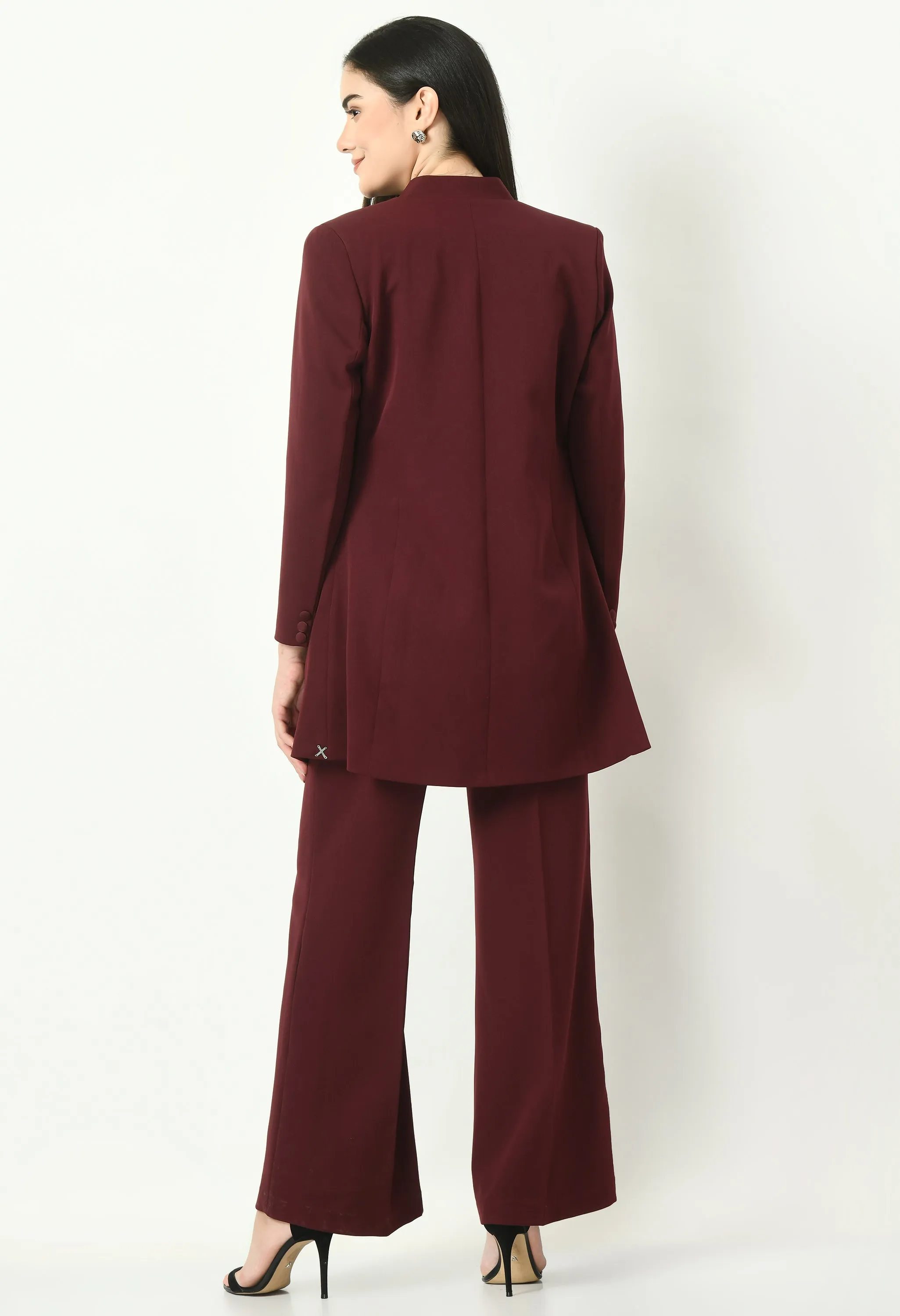 Exude Mastery Solid Long Blazer with Bootcut Trousers (Wine)