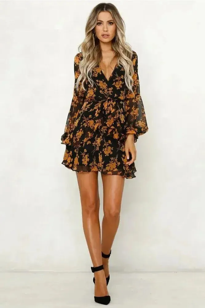 Floral V-Neck Long Sleeve Mini Dress - Sheer Elegance