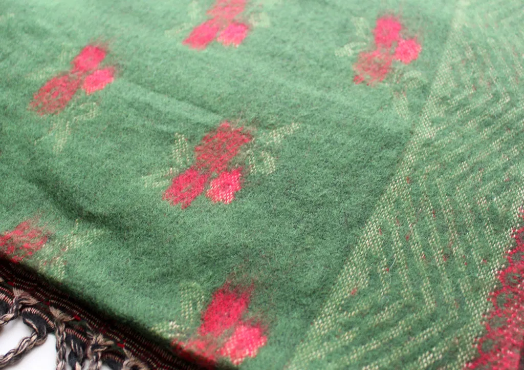 Flower Design Hand Loomed Green Yak Wool Shawl