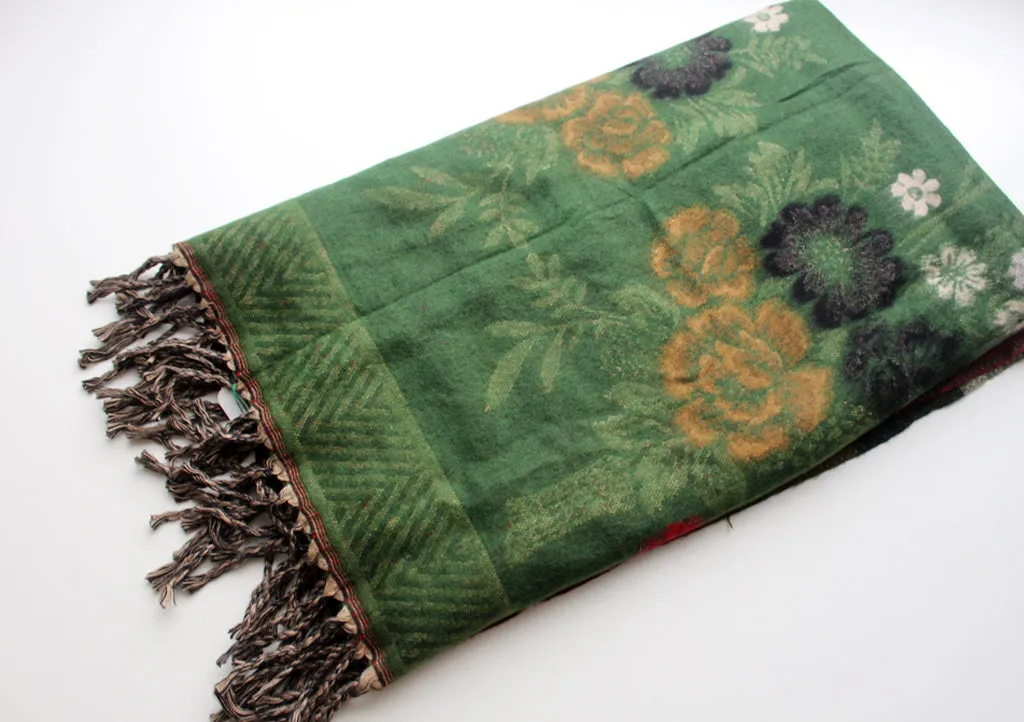 Flower Design Hand Loomed Green Yak Wool Shawl