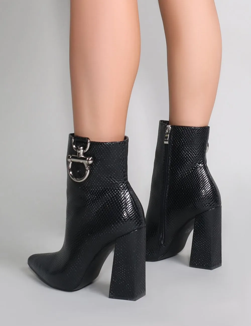 Forever Metal Trim Ankle Boots in Black Mock Croc