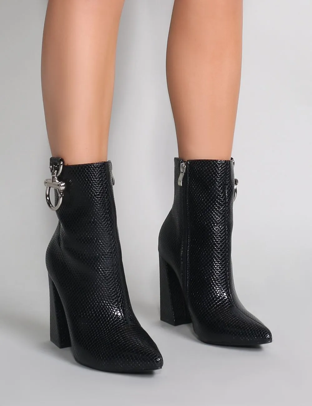 Forever Metal Trim Ankle Boots in Black Mock Croc