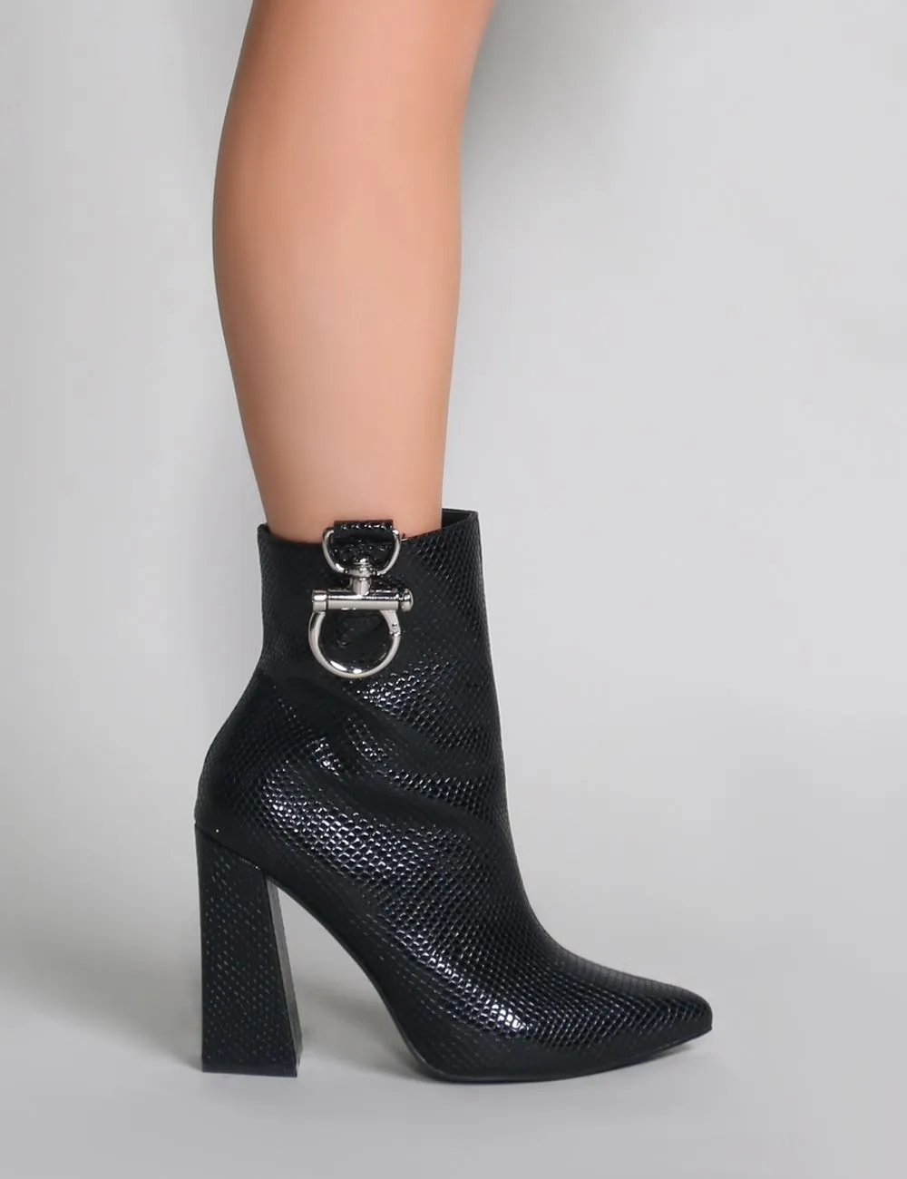 Forever Metal Trim Ankle Boots in Black Mock Croc