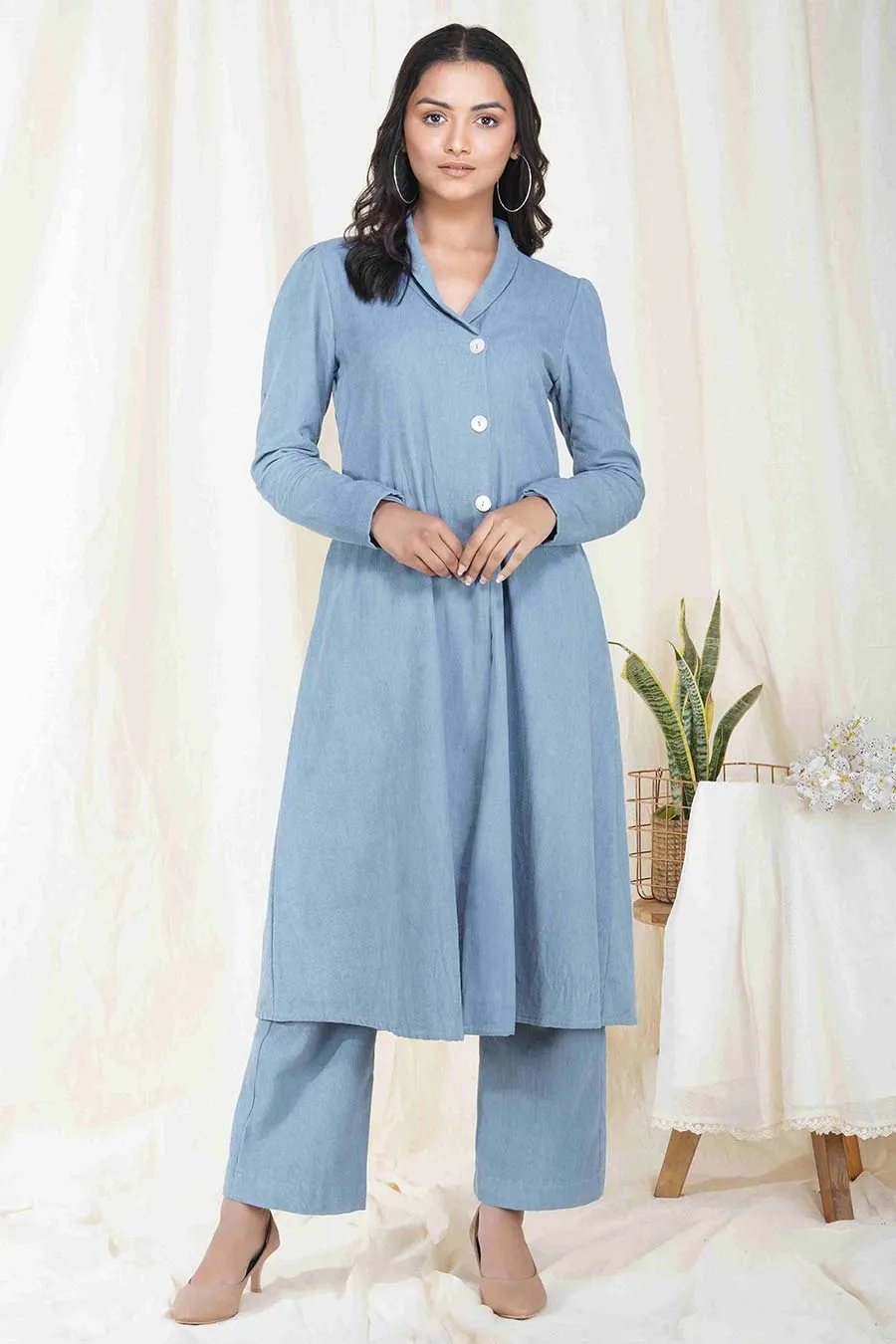 Frost Blue Corduroy Long Coat Jacket