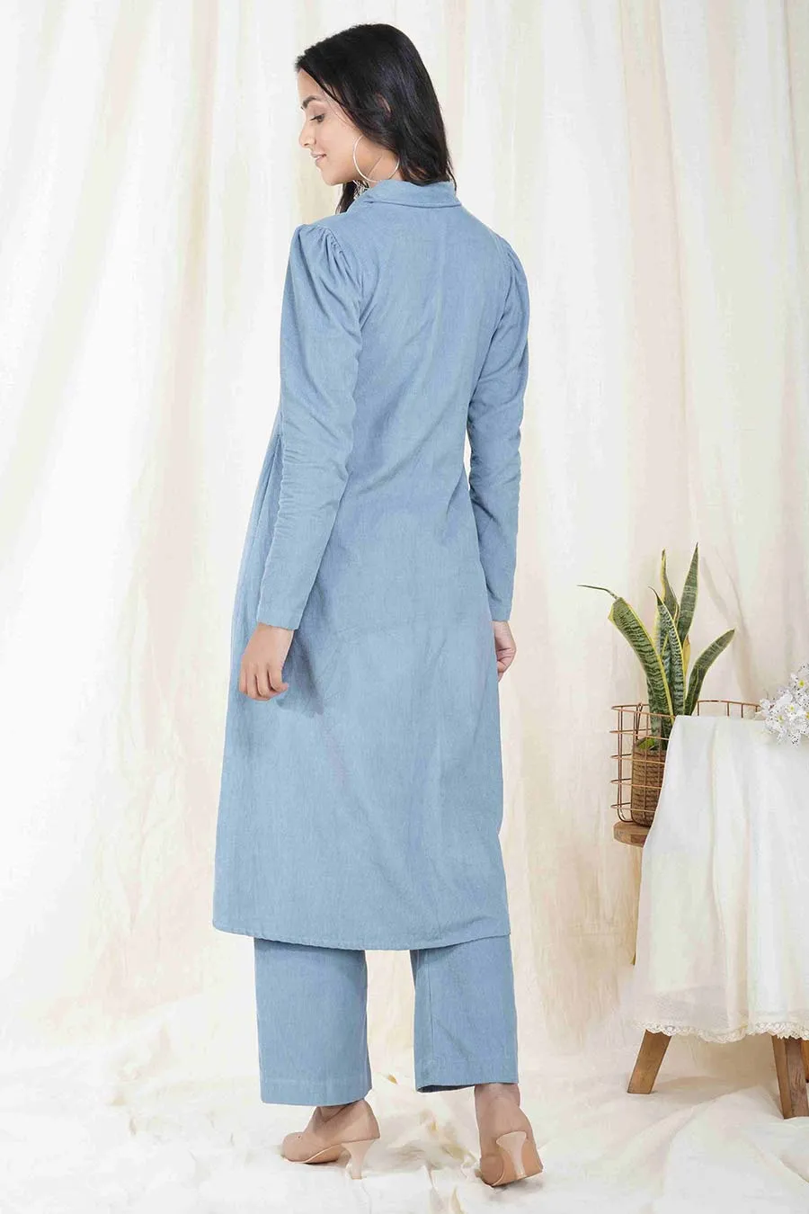 Frost Blue Corduroy Long Coat Jacket