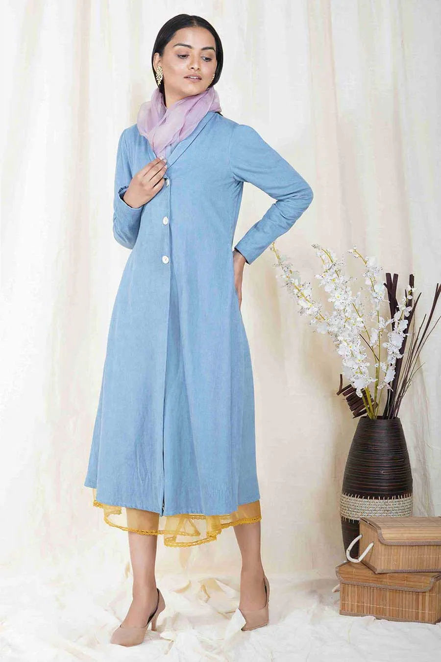 Frost Blue Corduroy Long Coat Jacket