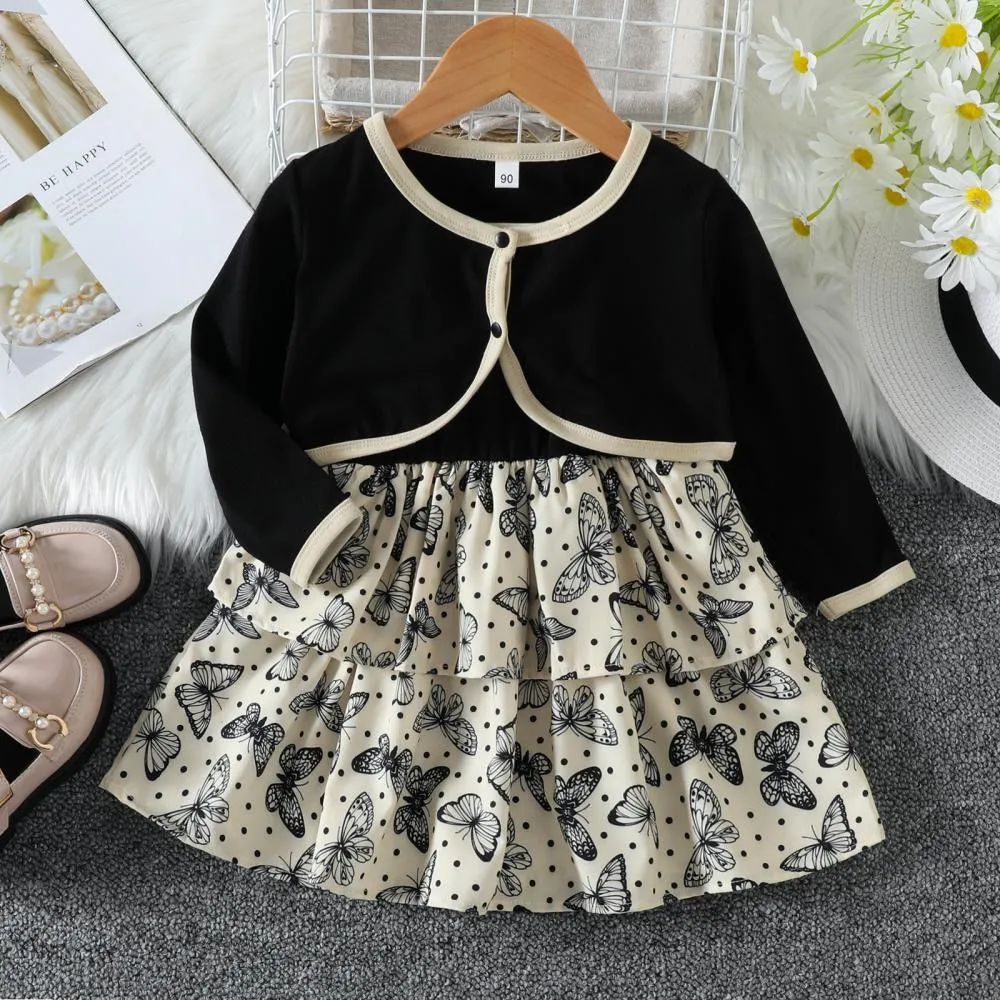 Girls Autumn Dress Suit Coat Sling Butterfly Print Skirt Set Wholesale Girls Clothes