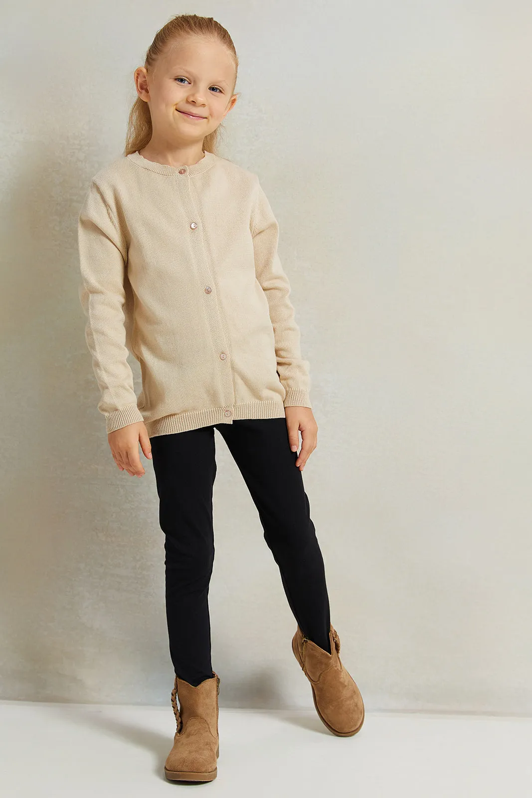 Girls Beige Knitted Cardigan