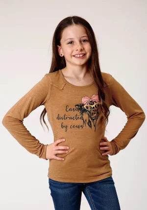 GIRLS LONG SLEEVE KNIT POLY RAYON BROWN JERSEY LONG SLEEVE  T T-SHIRT