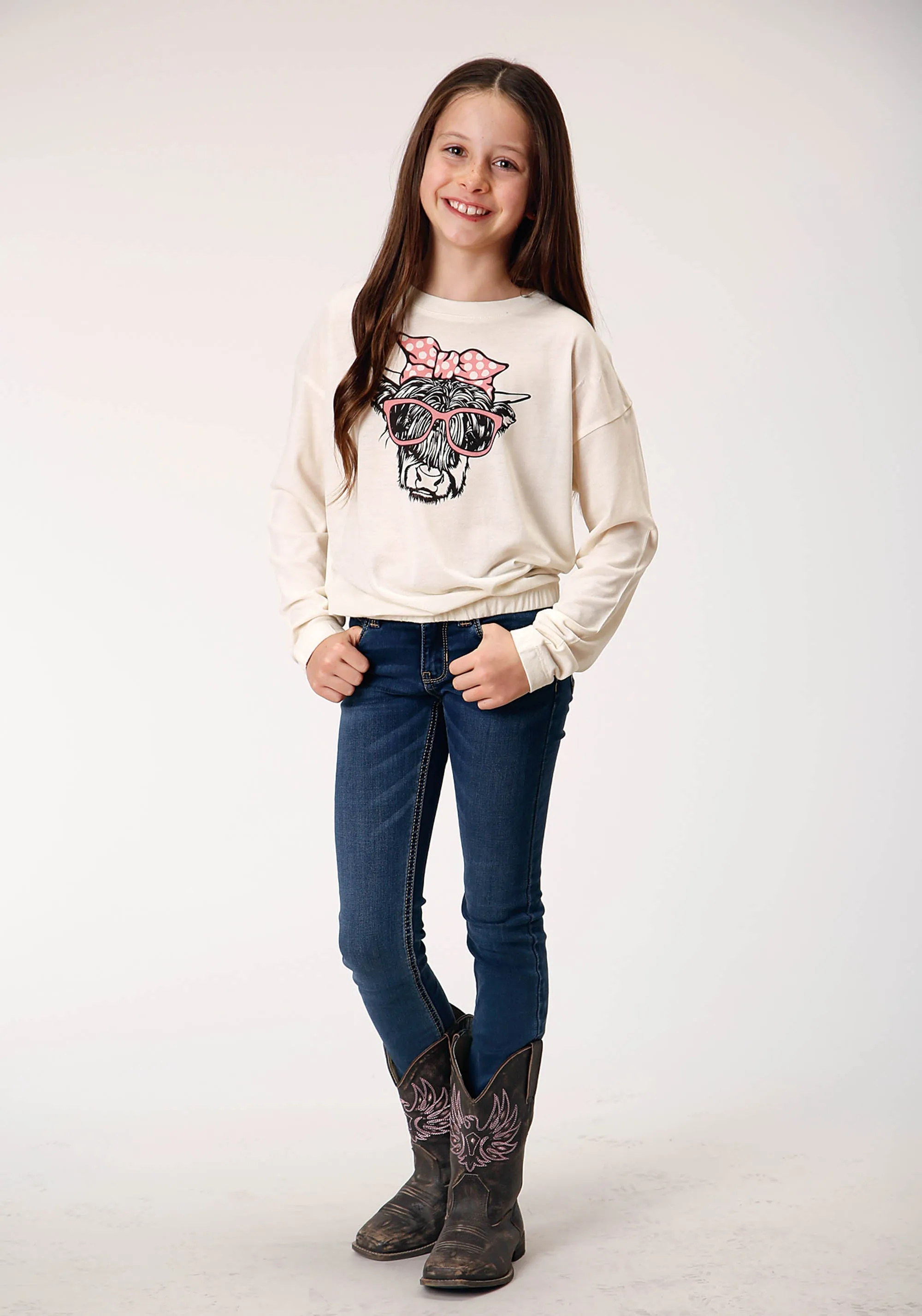 GIRLS LONG SLEEVE KNIT POLY RAYON CREAM JERSEY LONG SLEEVE  T T-SHIRT