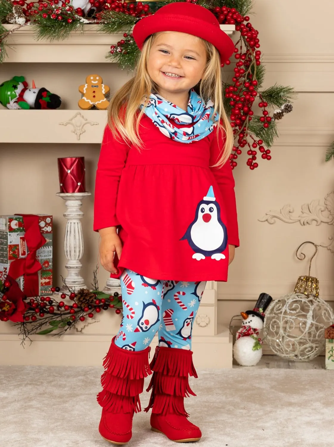 Girls Penguin Candy Cane Top, Leggings and Scarf Set