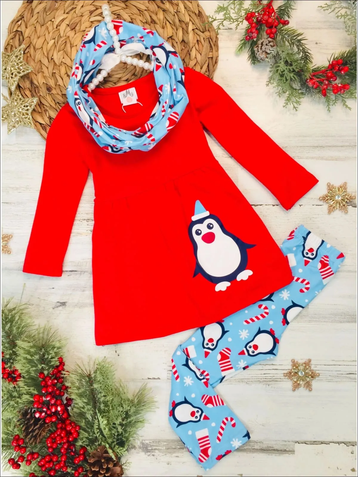 Girls Penguin Candy Cane Top, Leggings and Scarf Set