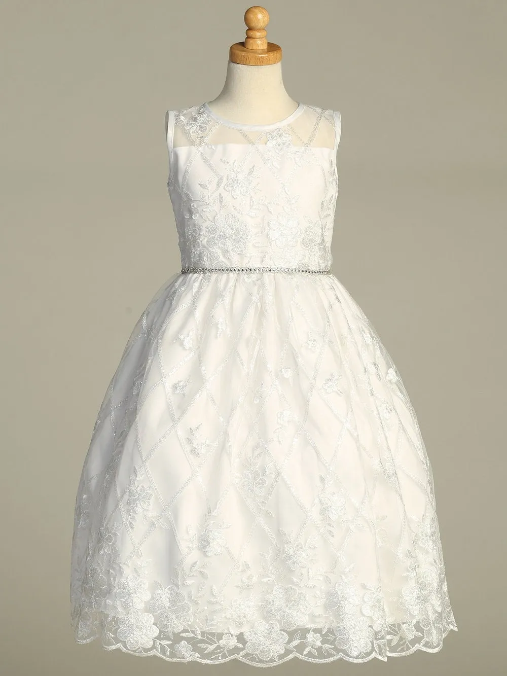 Girls White First Communion Dress w/ Embroidered Tulle & Sequins (206)