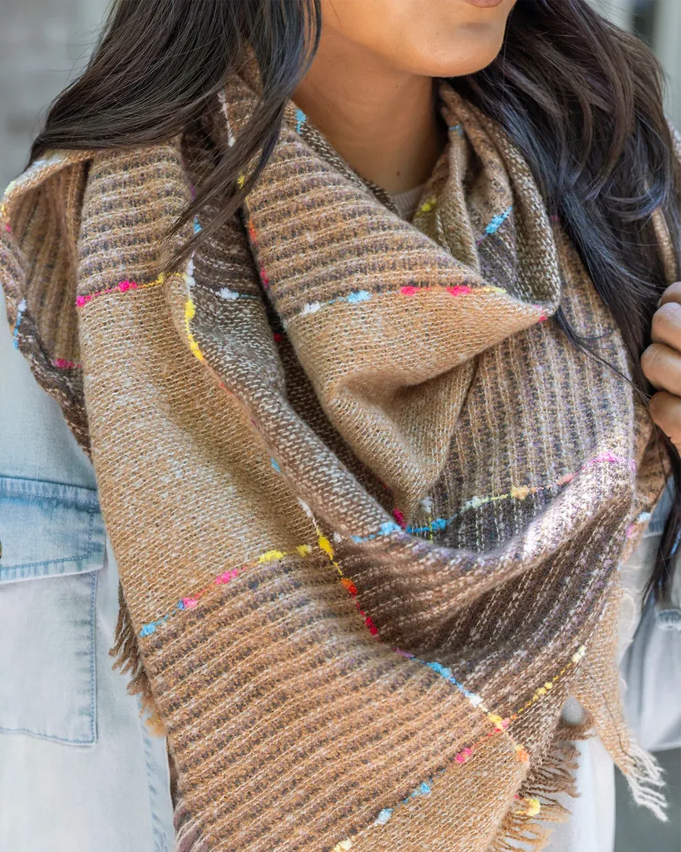 Grace & Lace Fall Fun Triangle Scarf - Tan Plaid