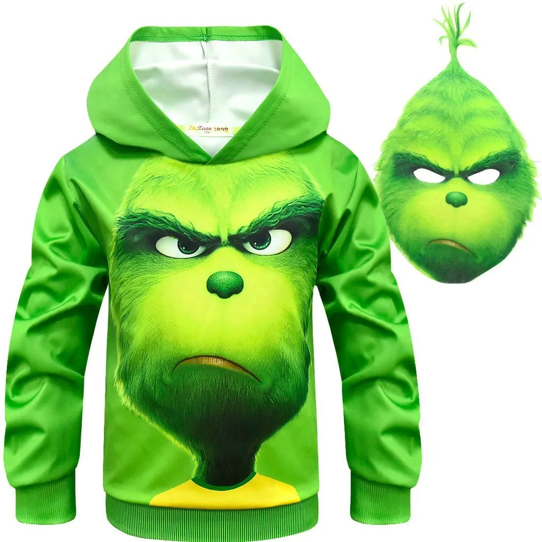 Green Monster Grinch Kids Boys Mask Hooded Sweatshirt Set