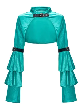 Green Velvet Cloak Stand Collar Long Layered Sleeve Shrug Bolero Jacket