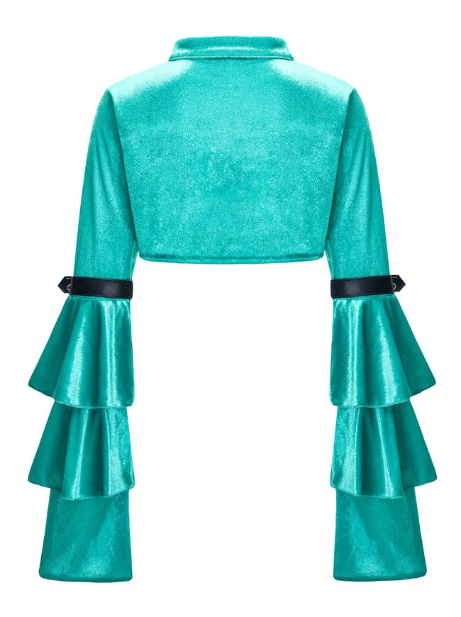 Green Velvet Cloak Stand Collar Long Layered Sleeve Shrug Bolero Jacket