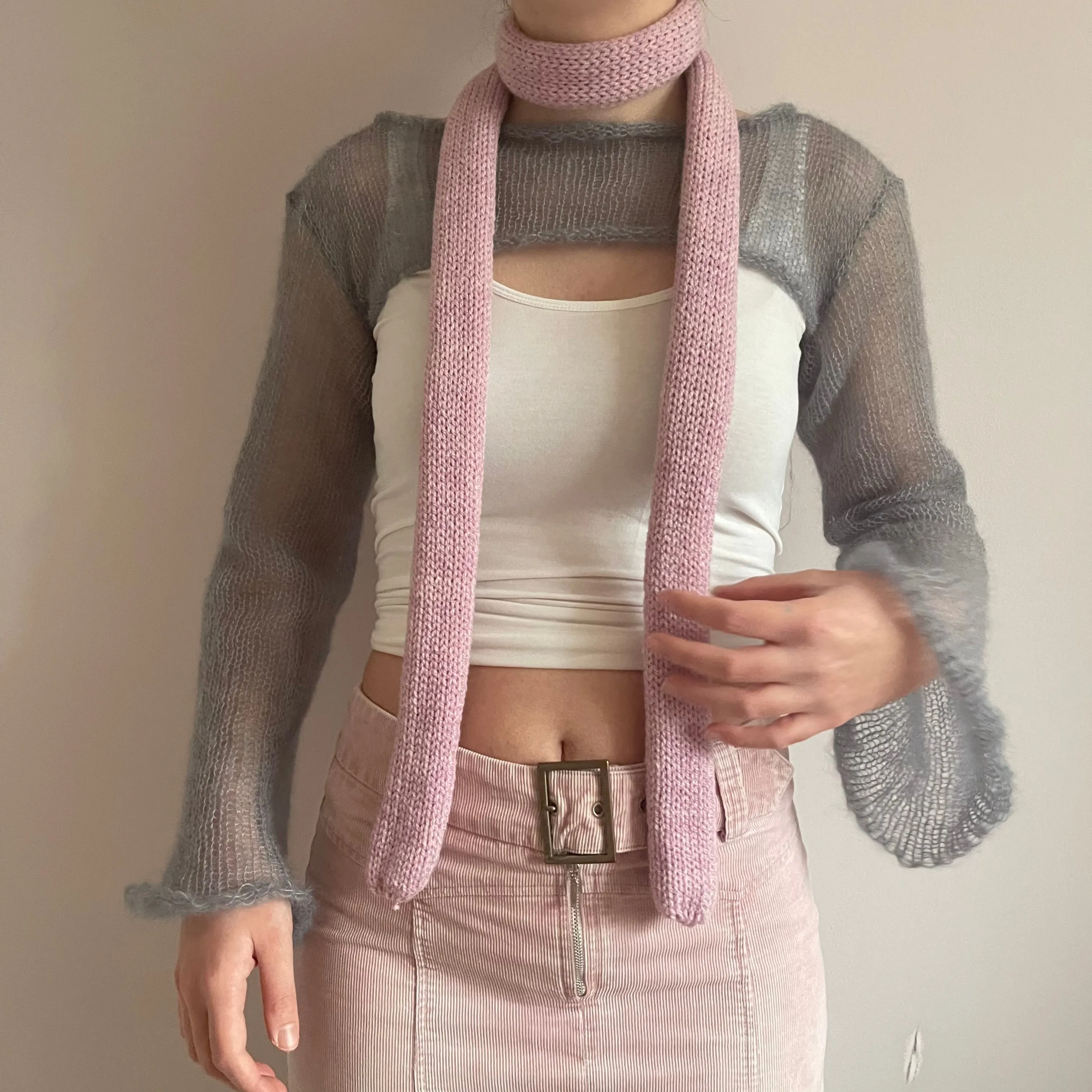 Handmade knitted skinny scarf in dusky pink