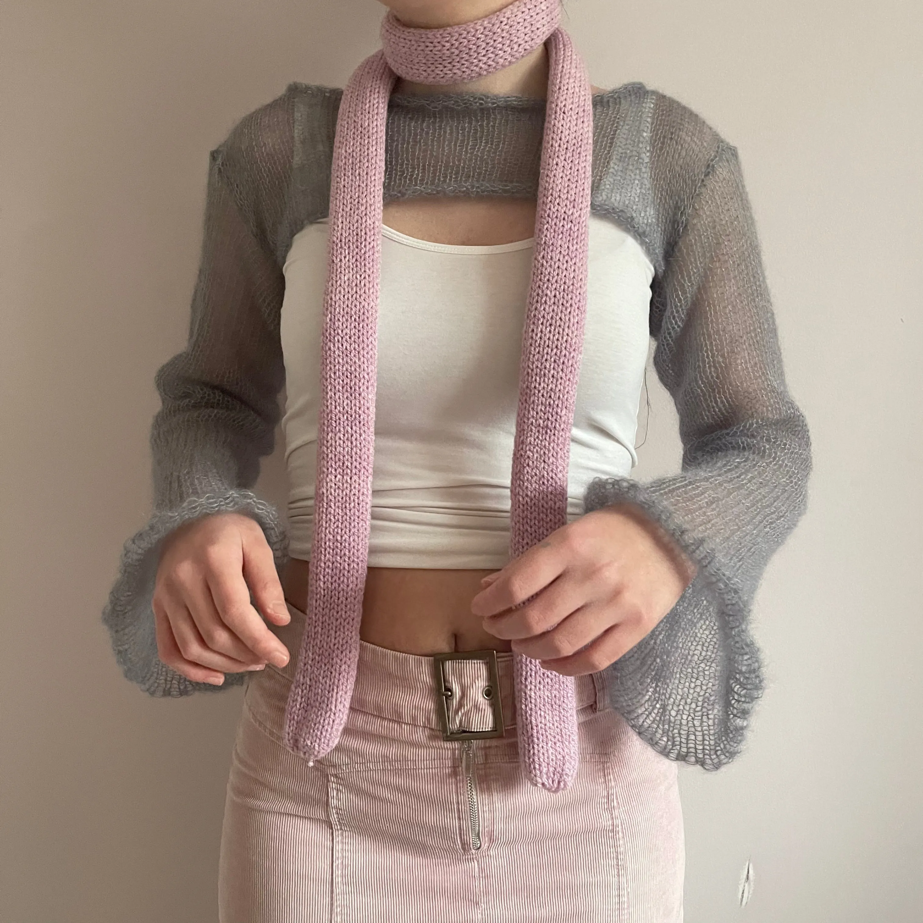 Handmade knitted skinny scarf in dusky pink