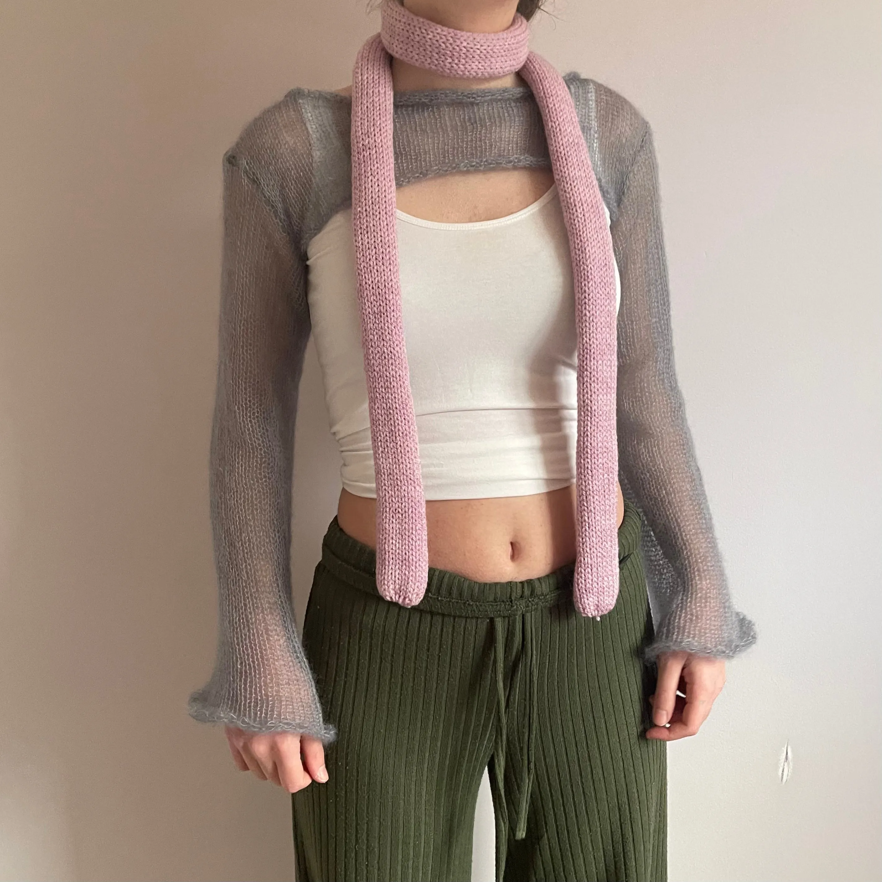 Handmade knitted skinny scarf in dusky pink